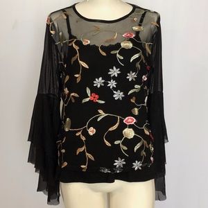 Envisionstudio Sheer Embroidered Bell Sleeve Top